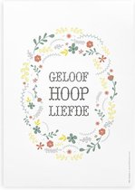 Christelijke poster Bijbeltekst Geloof Hoop Liefde bloemenkrans A4