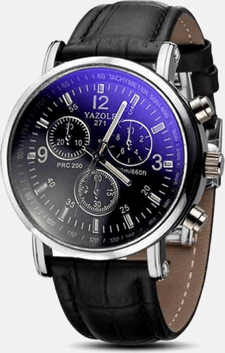 Yazole Luxe Heren horloge - DaVinciWatches - Zwart Lederen Band - Zilverkleurige Kast - Donkerkleurige Wijzerplaat - Type I