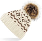 Senvi Luxe Bont PomPom Beanie - Kleur Wit/Bruin