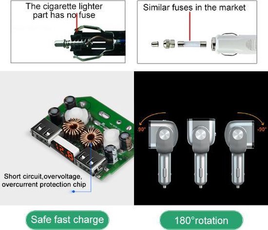 DrPhone CAR5 - 90W Autolader + 2x sigarettenplug - Snellader - 2x USB 3.0 oplaadpoort met LED - Zwart van DrPhone — afbeelding 2