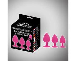 Power escorts- Anal plug Set met 3 formaten - Buttplug starter set - Diamond King Plug - Buttplug 3 Pack - Starter 3-pack - Small medium large - Roze Siliconen plugs met zwarte steen - Br134 - gave Cadeaubox - ideaal om te geven of te ontvangen