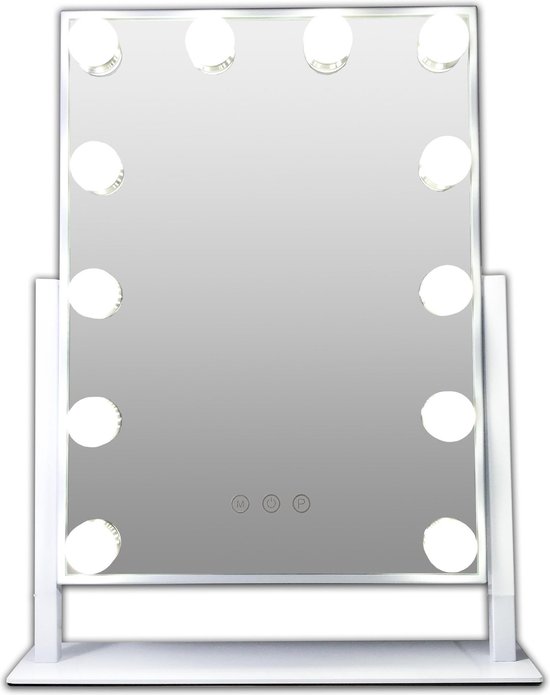 Witte Metalen Make-up hollywood LED spiegel, 12x dimbare LED bulbs. 3  kleuren licht,... | bol
