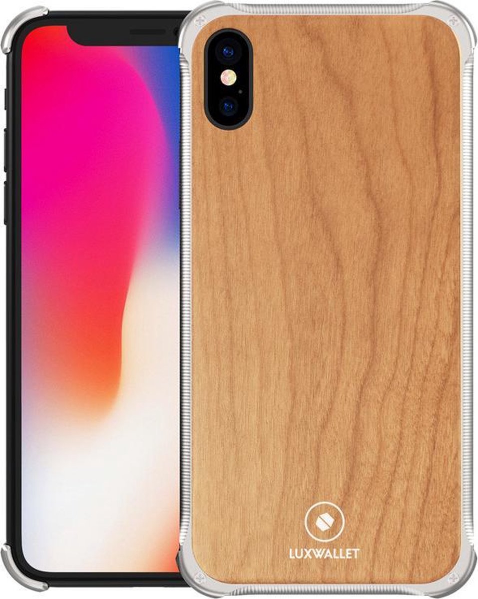 LUXWALLET® RONIN - iPhone XS MAX -  Silver + Cherrywood Case -  Houten Hoes + Metalen Behuizing met Authentiek Kersenhout