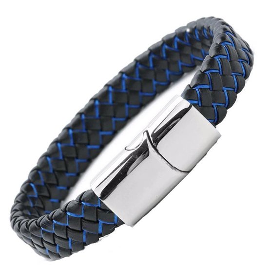 Gevlochten Heren Armband - 100% Echt Leder & Edelstaal - Magneetsluiting - Zwart Met Blauw - Rhylane®