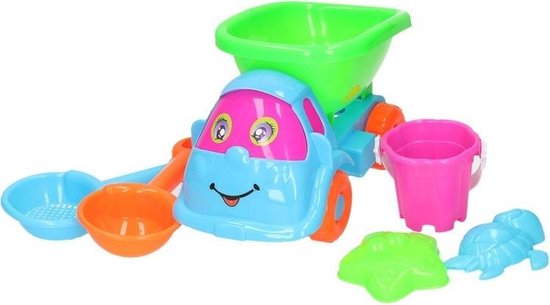 Blauw/roze zandbak speelauto 6-delig - Strand/zandbak speelgoed - Kiepwagen en zandvormpjes - Zomerspeelgoed