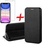 iphone 11 hoesje - iphone 11 case book case cover leer wallet zwart - hoesje iphone 11 apple - iphone 11 hoesjes cover hoes - 1x iphone 11 screenprotector glas tempered glass scree
