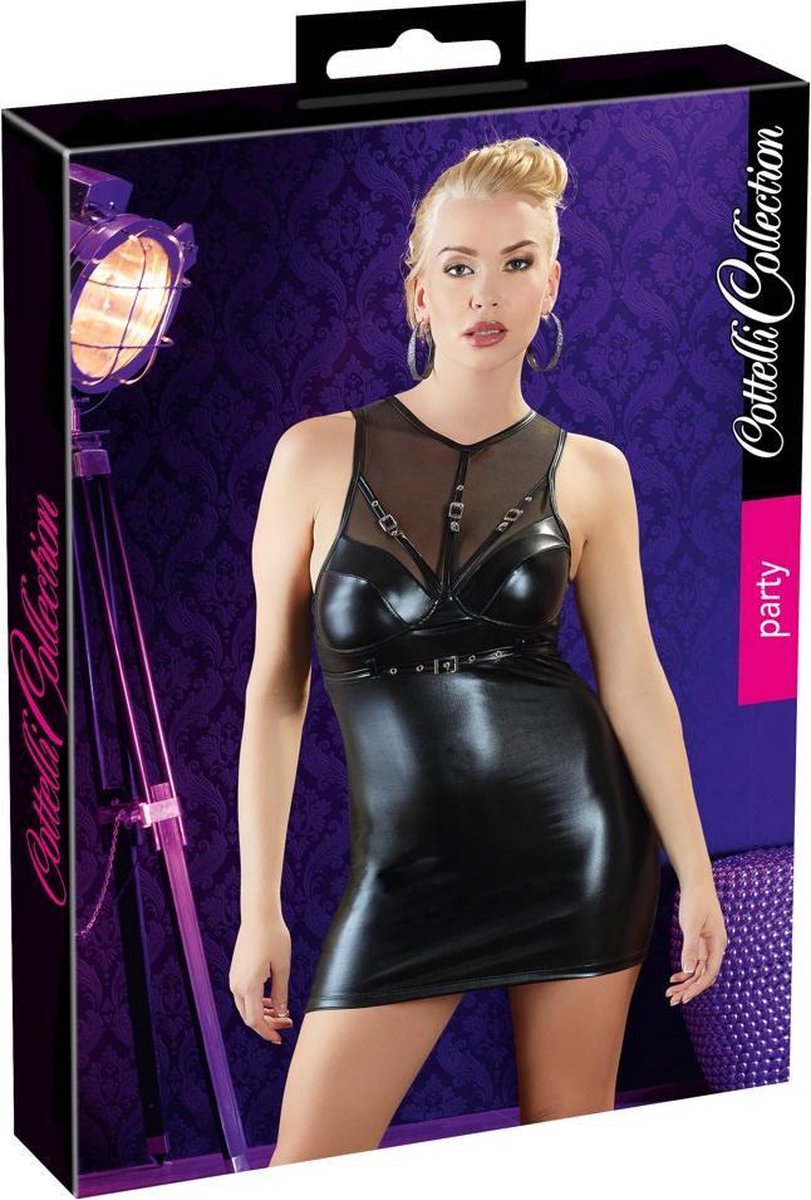 Goedkoopste Cottelli Collection – Wetlook Mini Jurk met Ruige Elementen – Maat S – Zwart