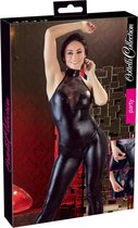 Cottelli Collection – Sexy Nauwsluitend Wetlook Jumpsuit met Transparante Decolleté Stijlvol en Spannend – Maat S – Zwart