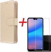 Huawei P20 Lite Portemonnee hoesje goud met Glazen screenprotector