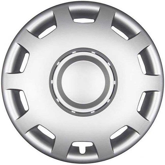 Mat zilveren wieldop met 10 spaken en een centraal rond detail.