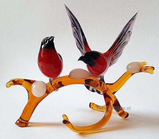 Beeld 2 rode vogels op tak van glas handgemaakt | bol.com