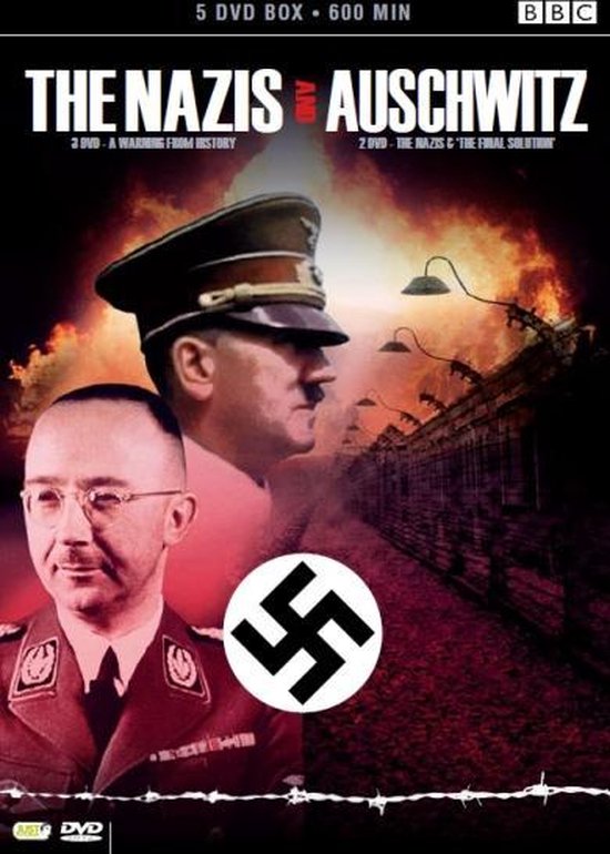 Coffret DVD "The Nazis and Auschwitz" avec portraits de deux hommes en uniforme nazie et une croix gammée. Arrière-plan d'un camp de concentration.