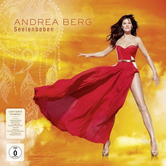 Andrea Berg in rode jurk met hoge split, met droomvanger en gelimiteerde fanbox-informatie.