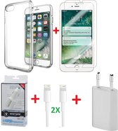 Starter Pack iPhone 6 6S Plus Silicone hoesje case met Glazen tempered glass screenprotector Auto lader met 2 kabels en Usb stekker