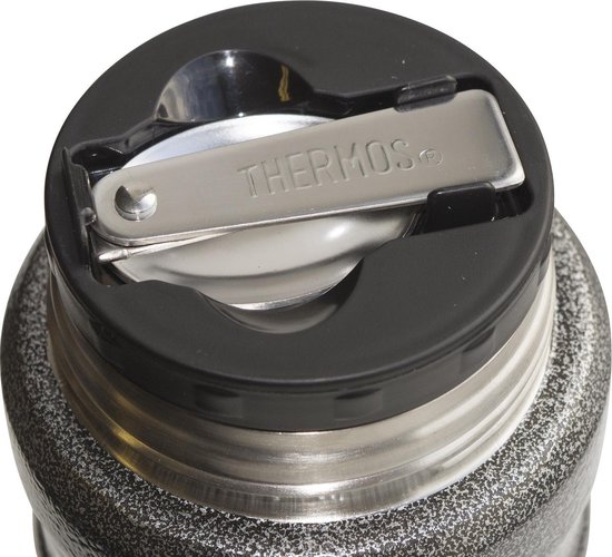 Close-up van de deksel van een Thermos food jar met deksel en inklapbare lepel.