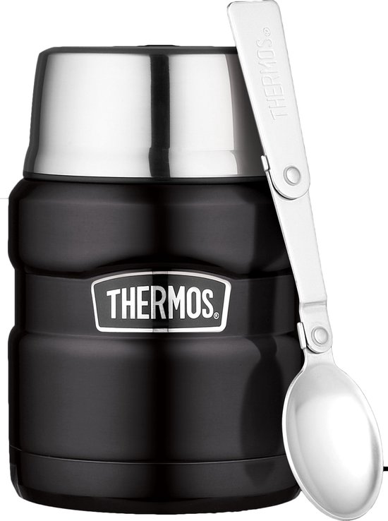 Zwarte Thermos food jar van 47 cl met zilveren deksel en inklapbare lepel.