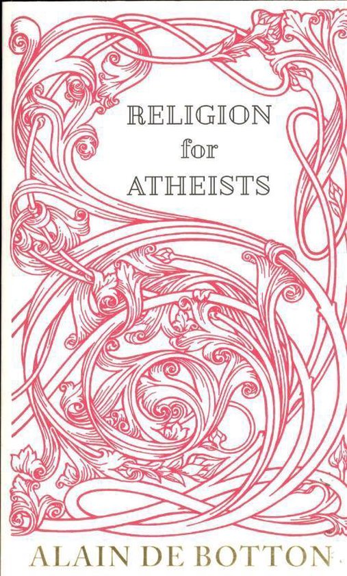Couverture de livre ornée de motifs complexes de style Art Nouveau en rose, avec le titre RELIGION for ATHEISTS au centre.