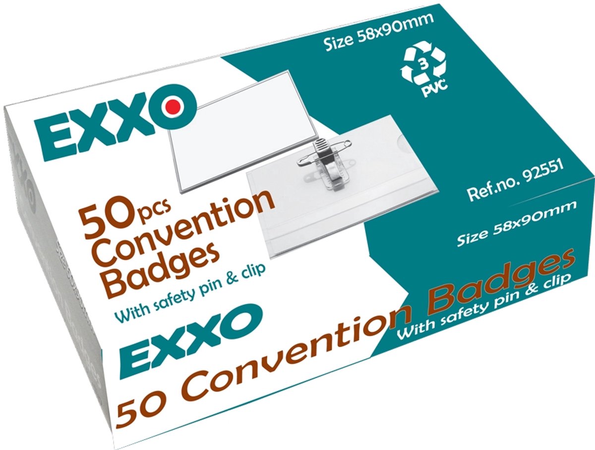 EXXO-HFP #92551 - 58*90mm Badges - Combi Clip - 24 Doos @ 50 Stuks