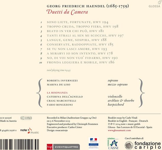 Achterkant van de CD-hoes met de titel "GEORG FRIEDRICH HAENDEL (1685-1759) Duetti da Camera", tracklist en uitvoerende artiesten.