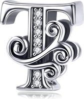 Zilveren alfabet bedel letter T met transparante zirkonia steentjes