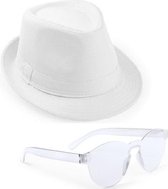 Wit verkleed setje trilby hoedje met transparante zonnebril