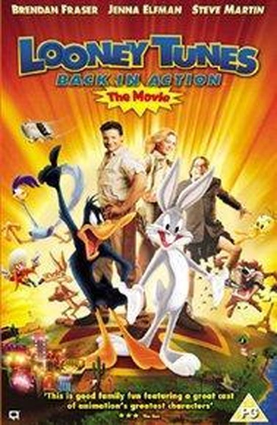 Bugs Bunny en Daffy Duck met Brendan Fraser en Jenna Elfman op de Looney Tunes: Back in Action DVD-hoes.