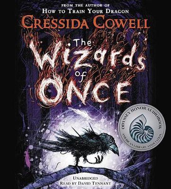 Couverture du livre 'The Wizards of Once' par Cressida Cowell, avec un corbeau et une lueur violette.