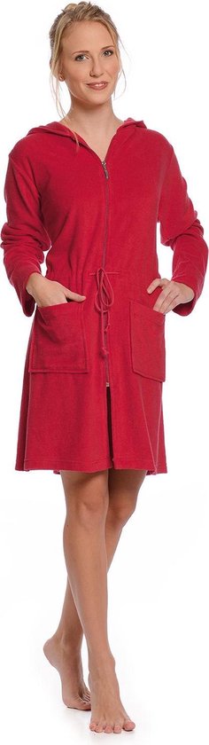 Rits badjas dames kort – met capuchon – lichtgewicht – dun – sauna - rood - maat M