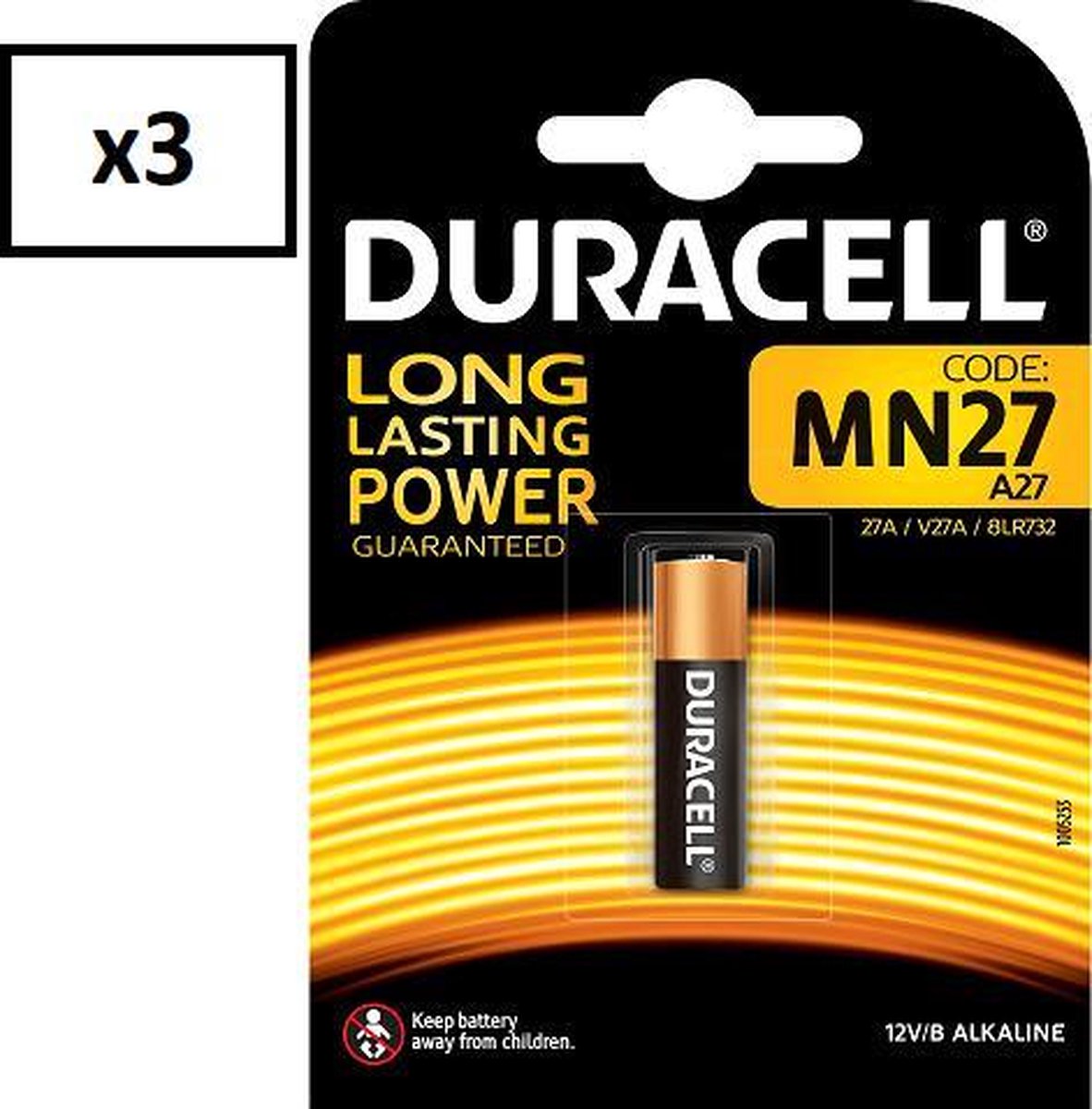 3 Stuks (3 Blisters) - Duracell MN27 27A 12v batterij