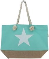Mint groene strandtas met witte ster 55 cm - Strandtassen/schoudertassen mintgroen - Shopper/zomer tassen