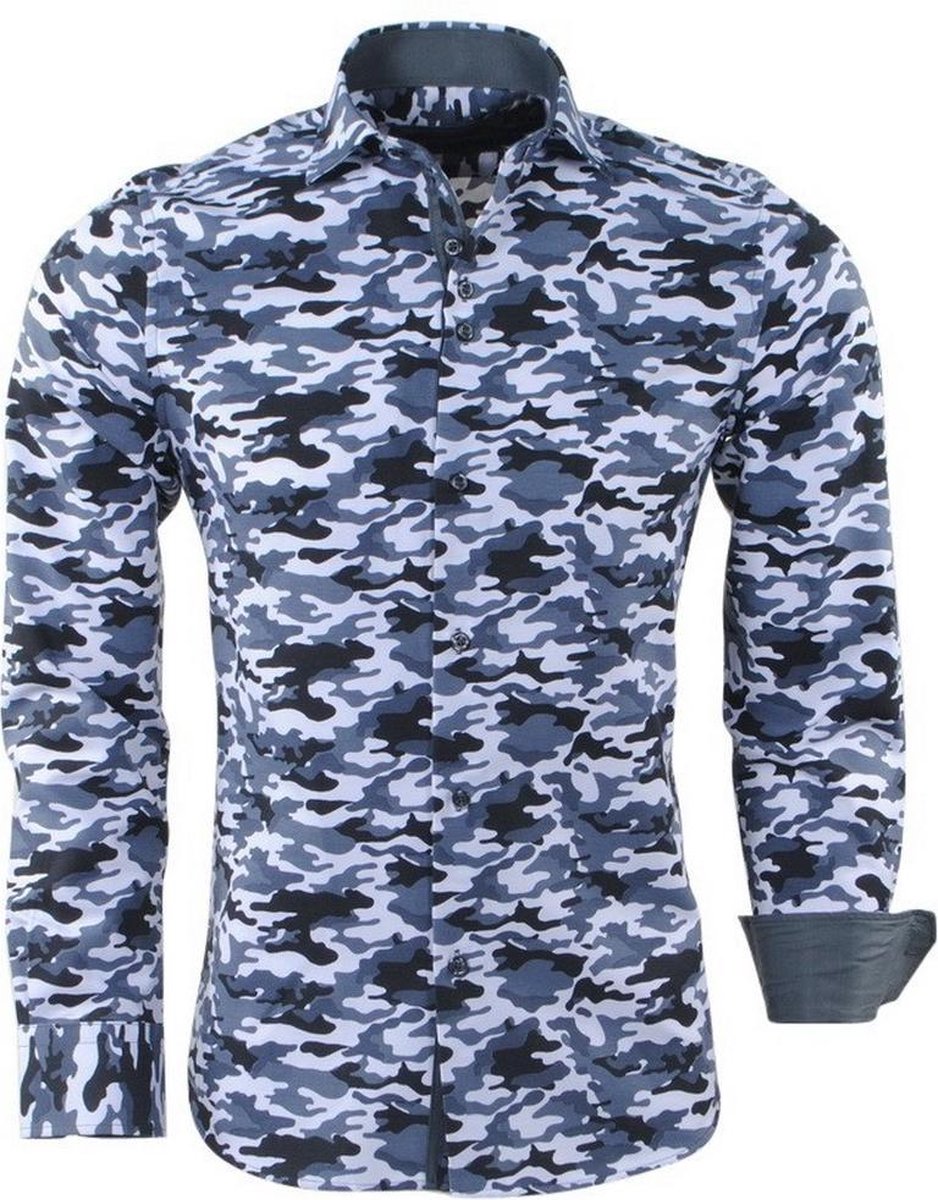 Montazinni - Trendy Heren Overhemd - Camouflage - Grijs