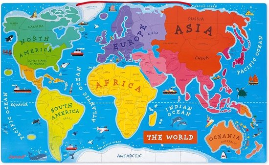 Carte du monde magnétique colorée avec les continents: Amérique du Nord, Amérique du Sud, Afrique, Europe, Asie, Océanie et Antarctique.