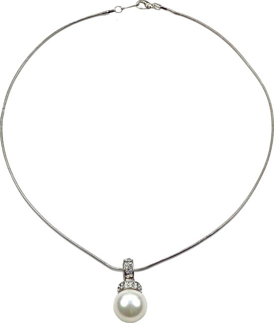 Mother of Pearl parel ketting Willanie - parelketting - ketting met parel hanger - wit - zilver - stras steentjes