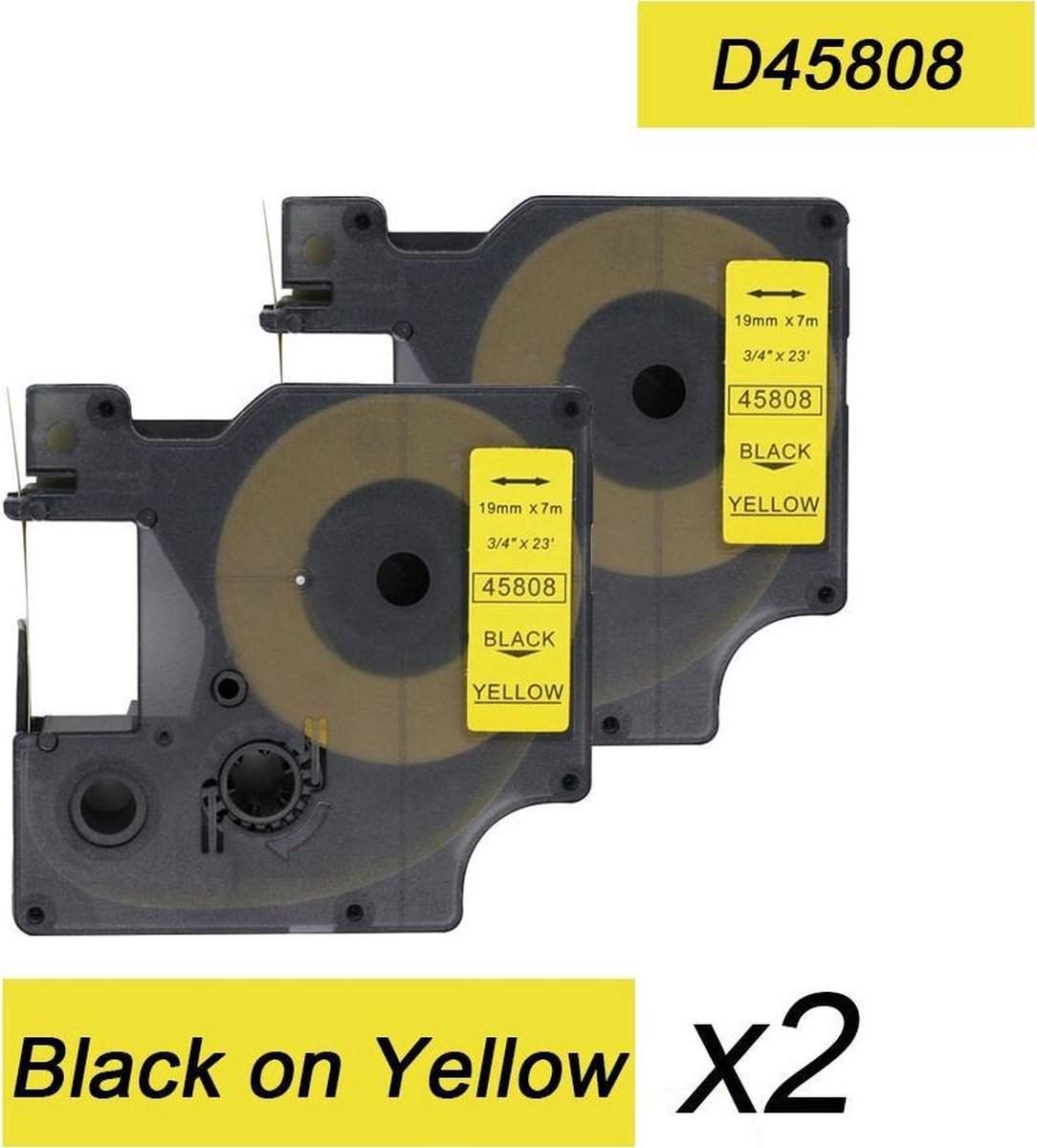 2x Compatible voor Dymo 45808 Standard Label Tape - Zwart op Geel - 19mm