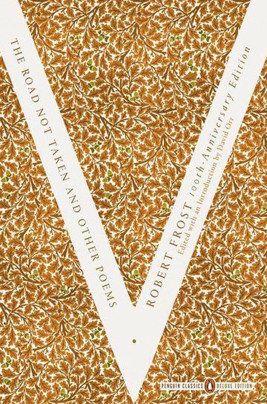Boekomslag met een bruin-oranje bladerpatroon, met de titel "The Road Not Taken and Other Poems" en "Robert Frost".