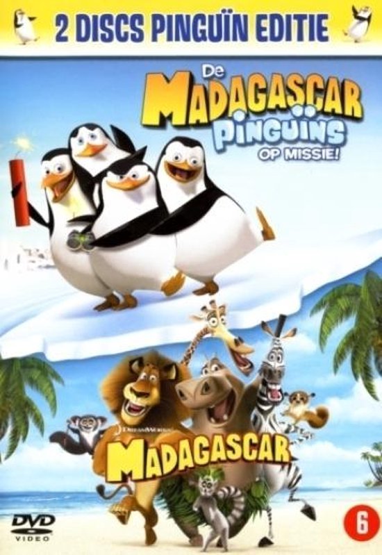 DVD hoes met de pinguïns Skipper, Kowalski, Rico en Private van Madagascar, met de tekst '2 disc Penguin Edition De Madagascar Pinguïns Op Missie!'