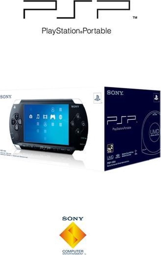 Zwarte Sony PlayStation Portable console in de verpakking met blauwe Sony en PSP-logo's.