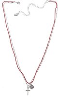 Korte ketting zilverkleur met rood 42 cm lengte, metaal, 2rijen, hanger kruis + 7,5 cm verlengketting