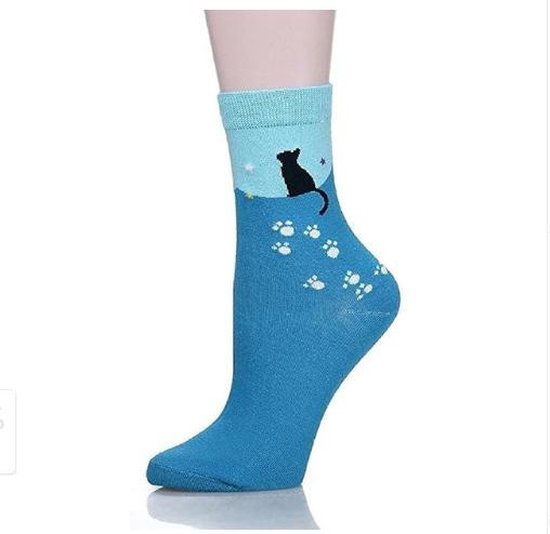 Sokken dames blauw print kat (Maat 36-40)