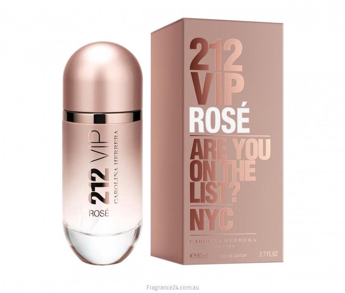 Carolina Herrera 212 VIP Rosé parfumfles met rosé gouden dop.