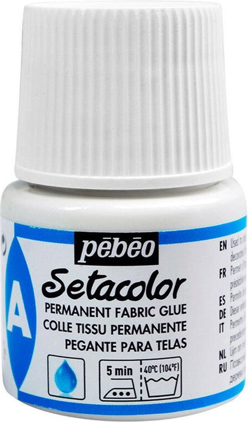 Pébéo Setacolor permanente textiellijm in witte fles met blauw label.