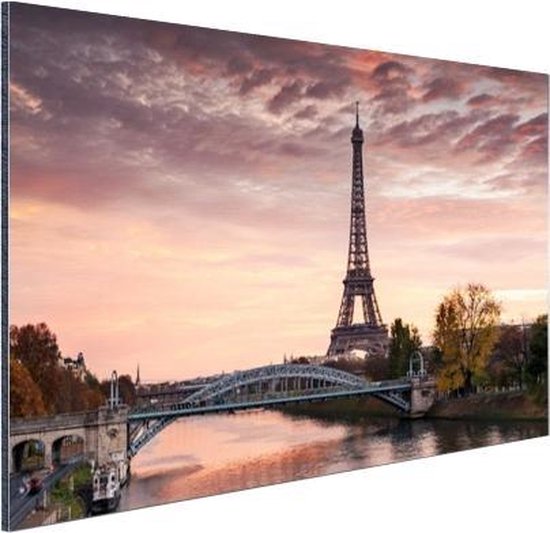 Wanddecoratie Metaal - Aluminium Schilderij Industrieel - Parijs - Eiffeltoren - Brug - 60x40 cm - Dibond - Foto op aluminium - Industriële muurdecoratie - Voor de woonkamer/slaapkamer