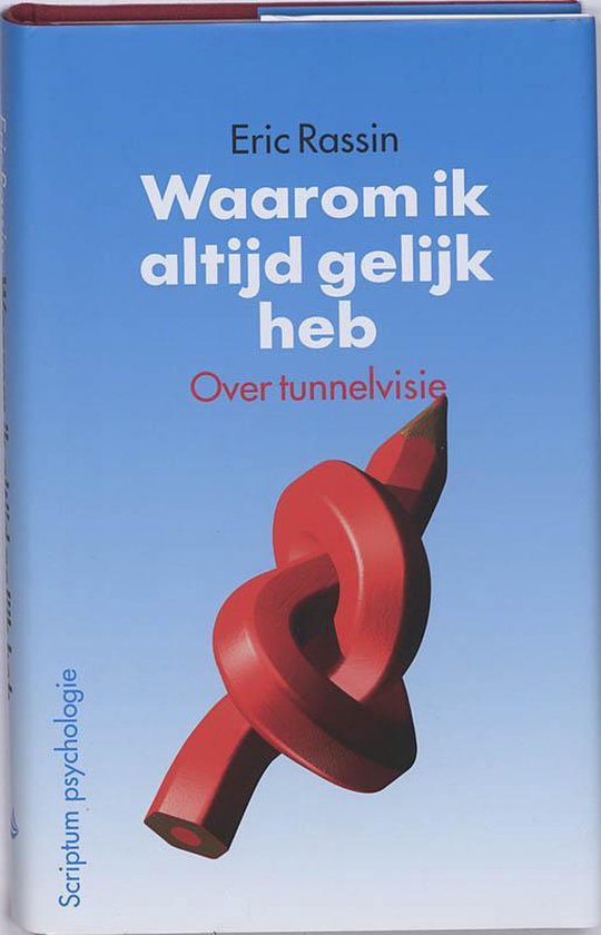 Boek "Waarom ik altijd gelijk heb" met een rode, geknoopte potlood op een blauwe achtergrond.