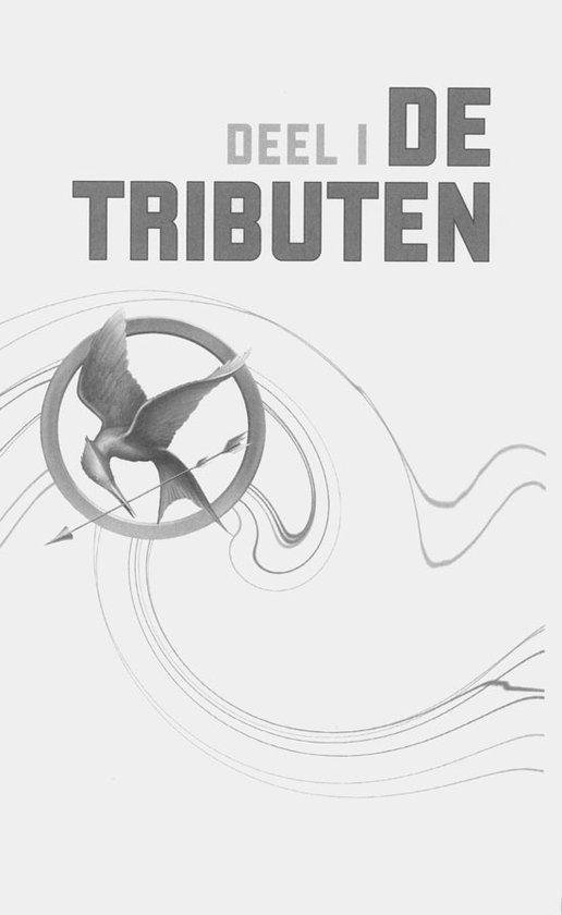 Boekomslag van De Hongerspelen met een cirkelvormig logo met een vogel en pijl.