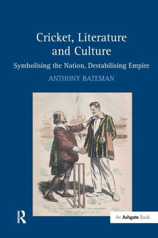 Boekcover 'Cricket, Literature and Culture'. Een tekening van twee mannen in historische kledij die elkaar de hand schudden bij een cricketveld.