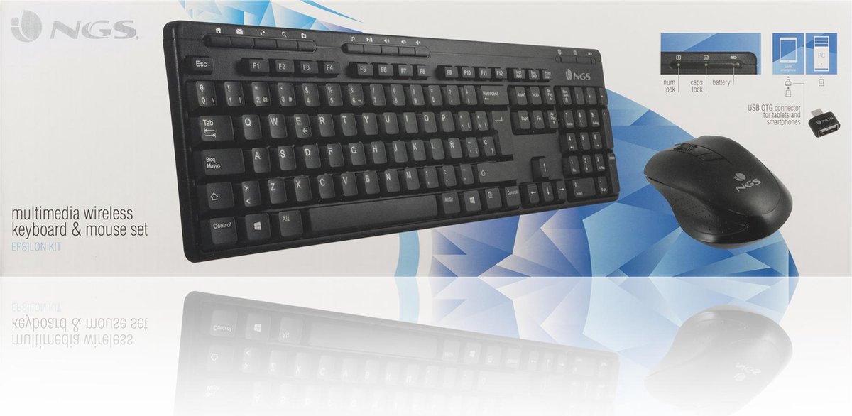 NGS Epsilon Kit - RF Draadloos Toetsenbord - QWERTY - Draadloos keyboard - Draadloze muis - Zwart - Combinatie set