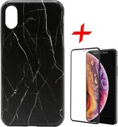 Marmer Hoesje voor Apple iPhone Xs Max Siliconen TPU Soft Gel Case Zwart + Screenprotector Full-Screen Tempered Glass van iCall