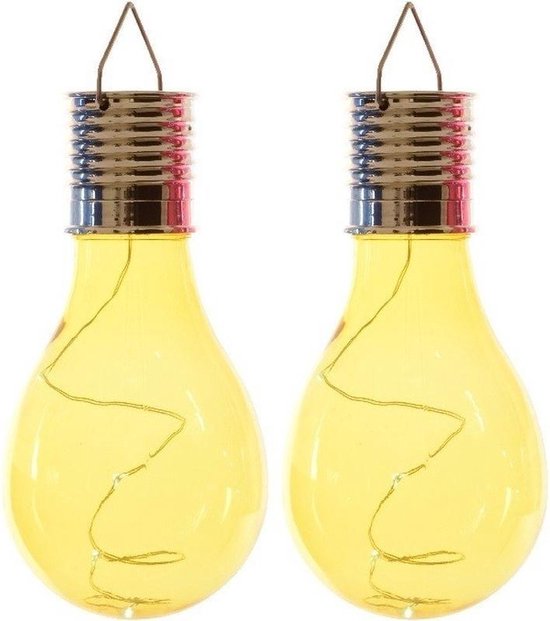 2x Buiten/tuin LED geel lampbolletje/peertje solar verlichting 14 cm - Tuinverlichting - Tuinlampen - Solarlampen zonne-energie
