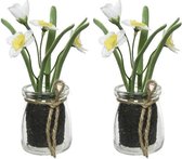 2x Wit/gele Narcissus/narcissen kunstplanten 15 cm in glazen pot - Kunstplanten/nepplanten -  Pasen/voorjaar versiering/decoratie
