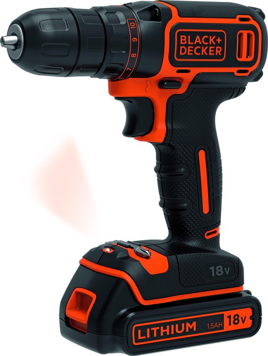 Zwarte en oranje BLACK+DECKER 18V accu schroef-klopboormachine met 18V Lithium accu.